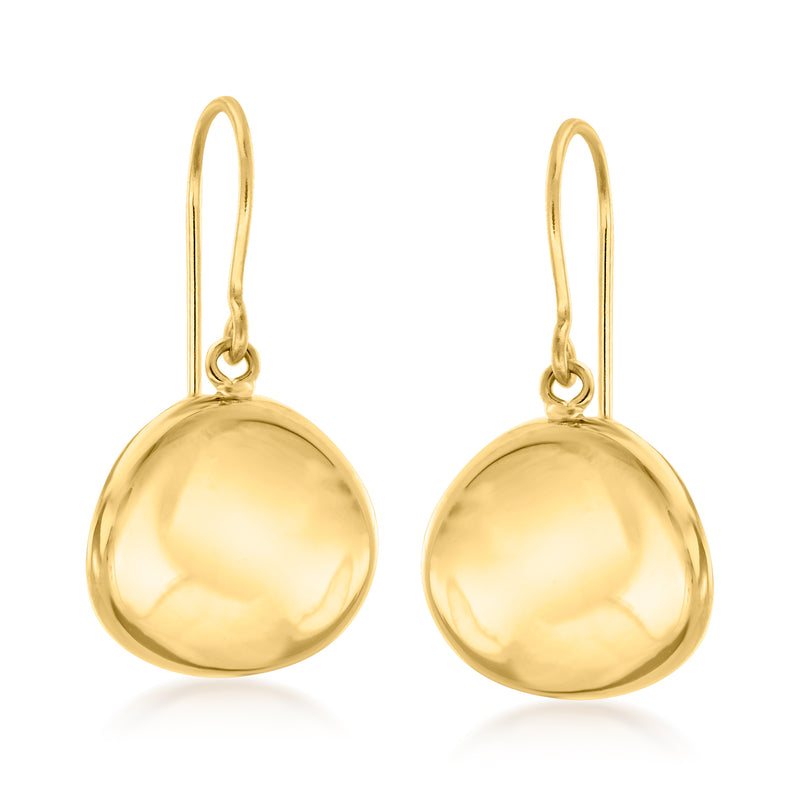 14kt yellow gold disc drop earrings, polished round discs on hook earwires