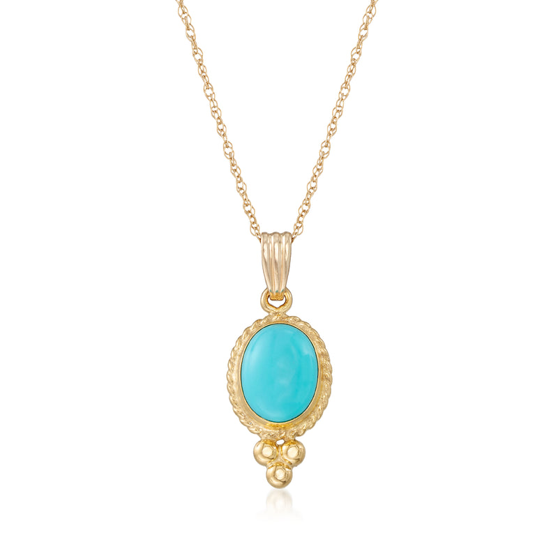 14kt yellow gold turquoise oval pendant necklace with roped edge