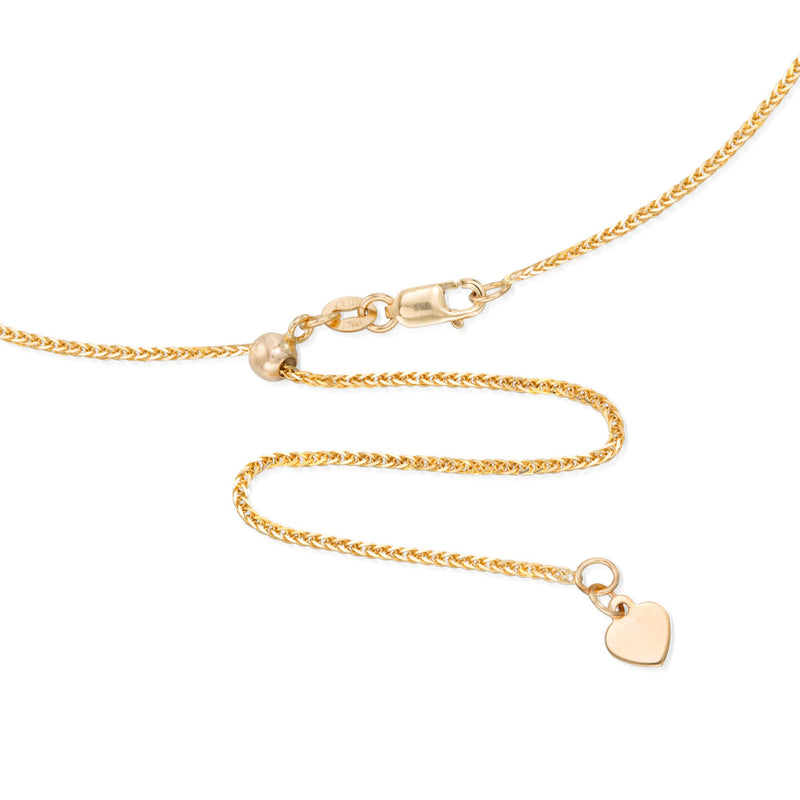 14kt yellow gold adjustable wheat-chain necklace with heart charm and clasp