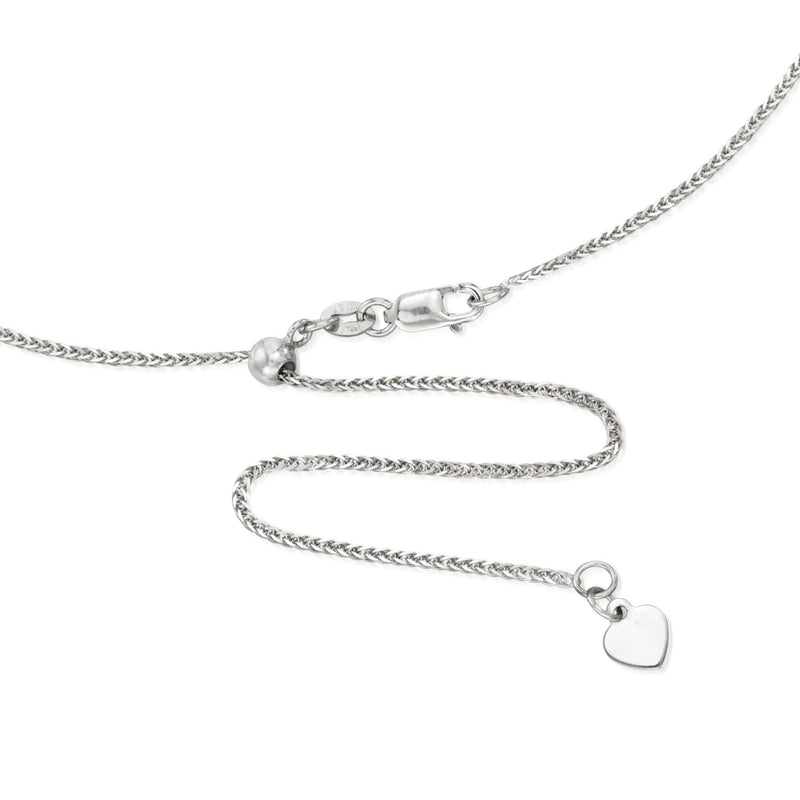 14kt white gold adjustable wheat-chain necklace with clasp and heart charm