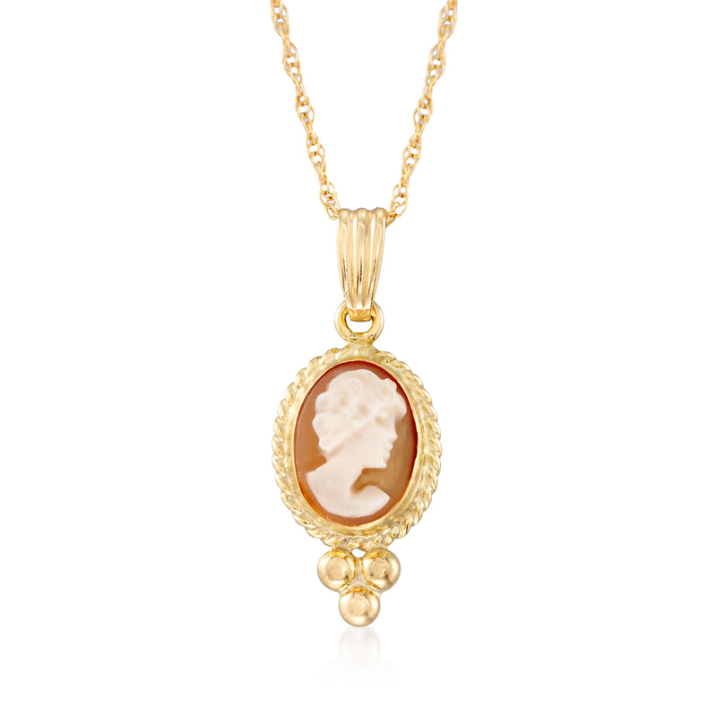 14kt yellow gold cameo pendant necklace with rope chain and oval shell bezel