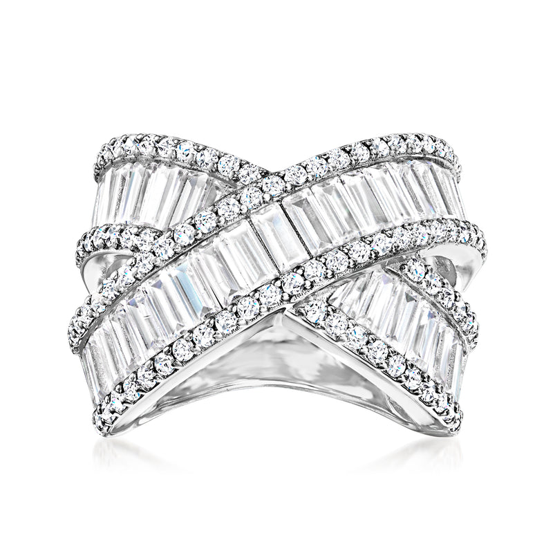 Sterling silver crisscross ring with baguette-cut and round CZ stones