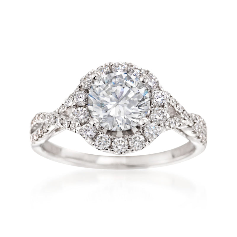14kt white gold diamond halo woven engagement ring setting with round center stone