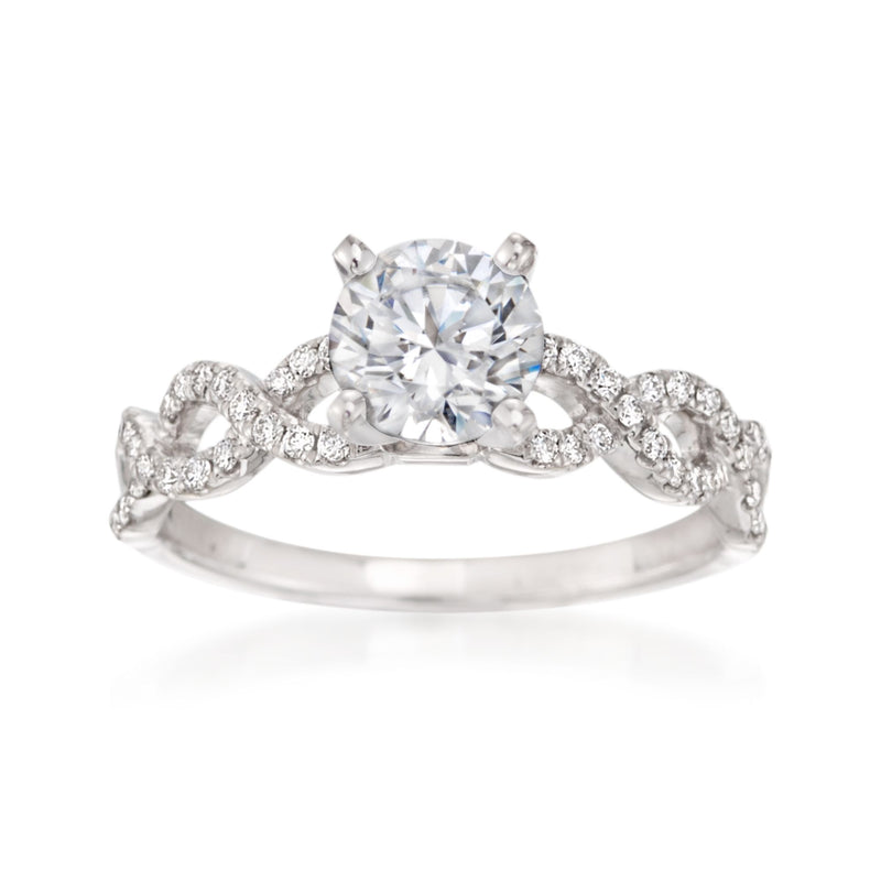 14kt white gold diamond crisscross engagement ring setting with round center stone