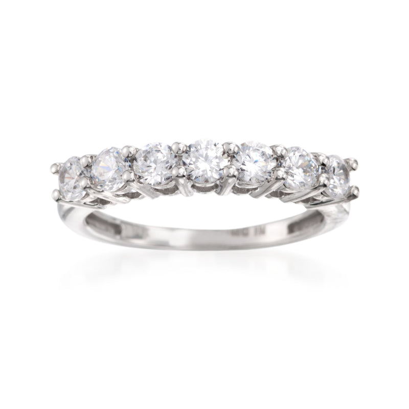 14kt white gold seven-stone CZ ring with round prong-set stones on band