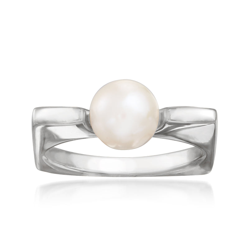 Sterling silver square ring with round white cultured pearl centerpiece