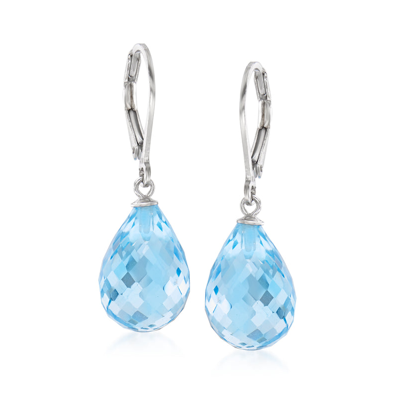 Sterling silver leverback drop earrings with sky-blue teardrop faceted gemstone