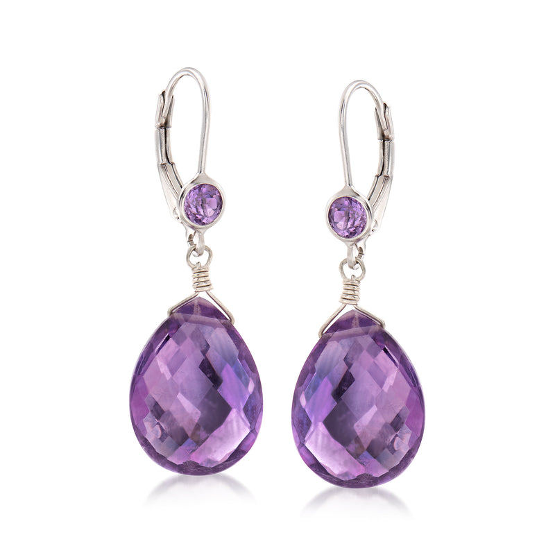 Sterling silver amethyst drop earrings with leverback hooks, purple teardrop stones