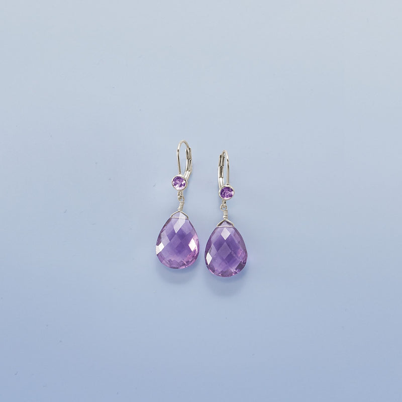 Sterling silver amethyst drop earrings with leverback hooks, faceted teardrop pendants