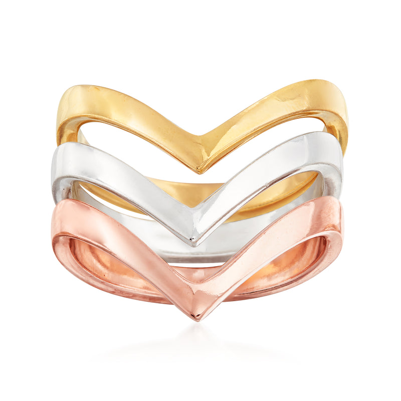 Tri-colored chevron ring set: gold, silver, and rose bands