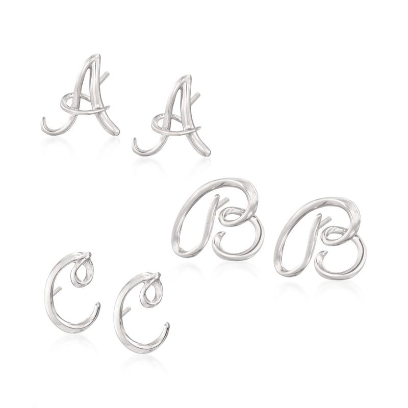 Sterling silver mini script initial stud earrings with secure post backs