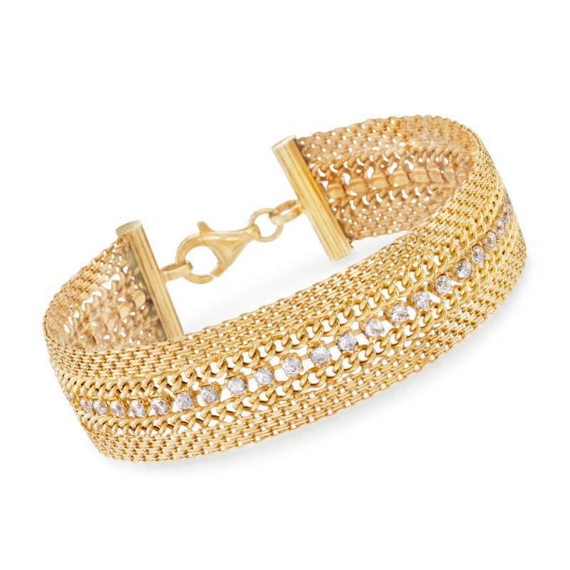 18kt yellow-gold over sterling silver mesh link bracelet with CZ accent row and clasp
