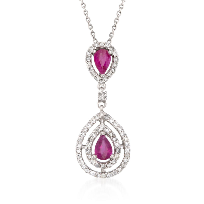 14kt white gold ruby and diamond pendant necklace with two pear-cut ruby drops
