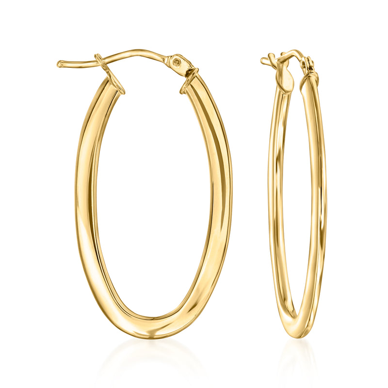 14kt yellow gold oval hoop earrings with hinged clasp and small stud posts