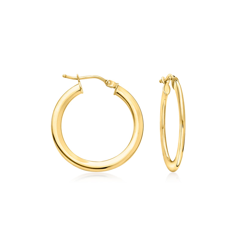 Polished 14kt yellow gold hoop earrings, round hoops with hinge clasp