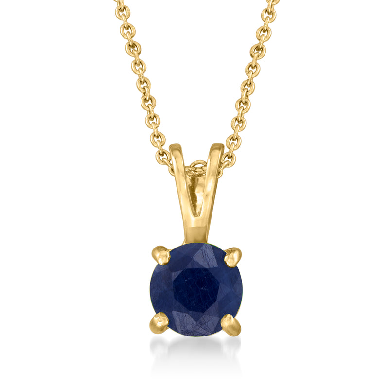 14kt yellow gold sapphire pendant necklace with round dark blue gemstone