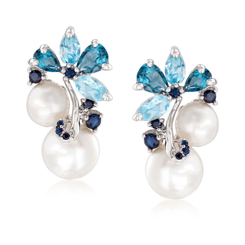 Sterling silver stud earrings with round white cultured pearls and blue gemstone flower clusters