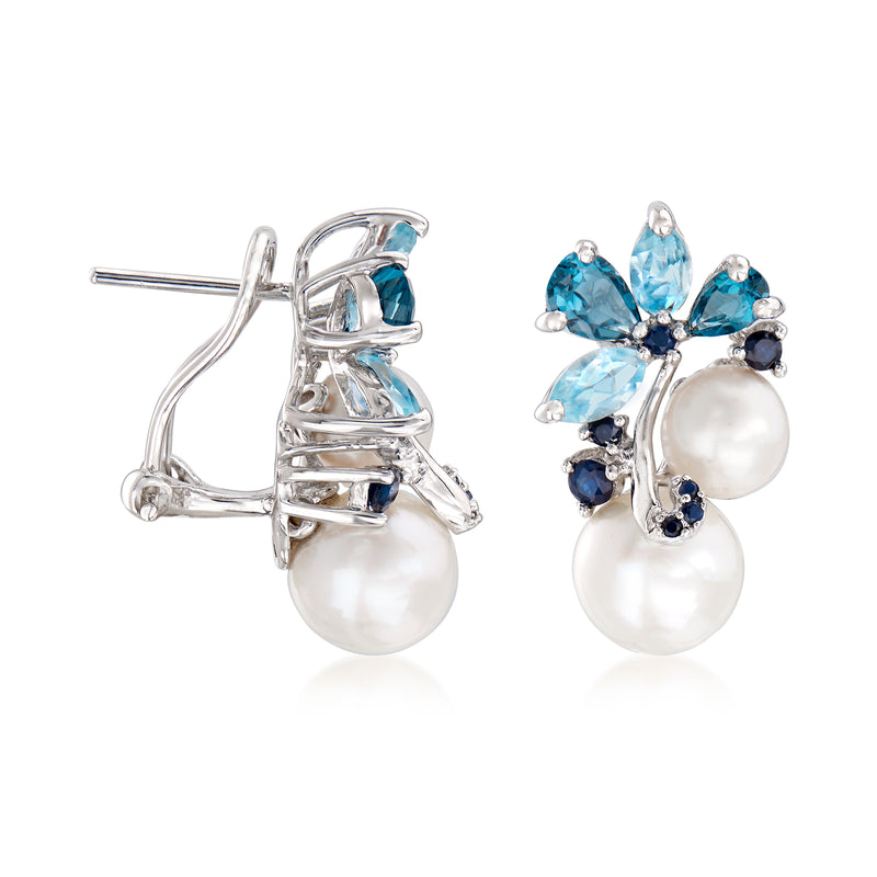 Sterling silver post earrings with white pearls and blue gemstone clusters, sapphire accents