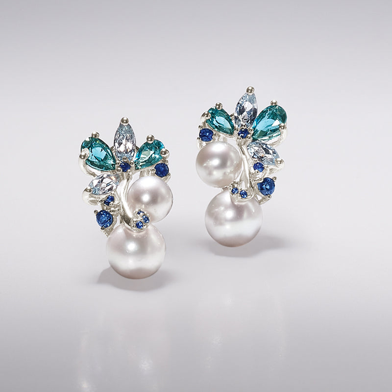 Sterling silver earrings with white pearls and mixed blue and teal gemstone flower clusters
