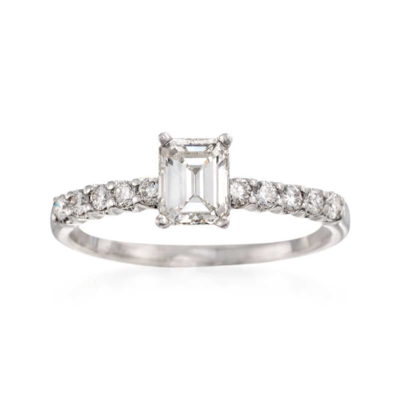 18kt white gold diamond engagement ring with an emerald-cut center stone
