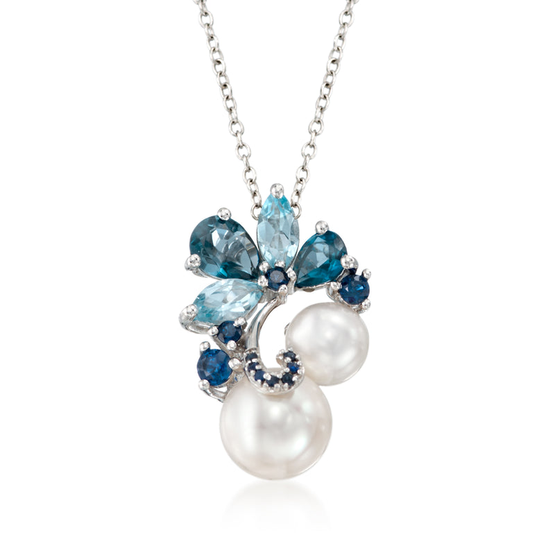 Sterling silver pendant necklace with two cultured pearls and blue gemstone cluster