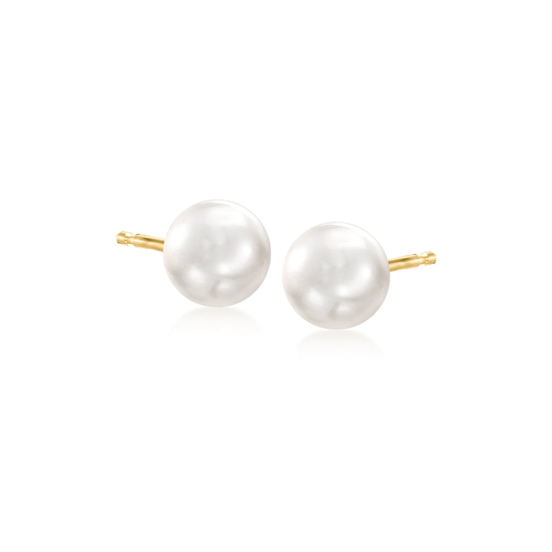 Cultured pearl stud earrings in 14kt yellow gold with two round white pearls