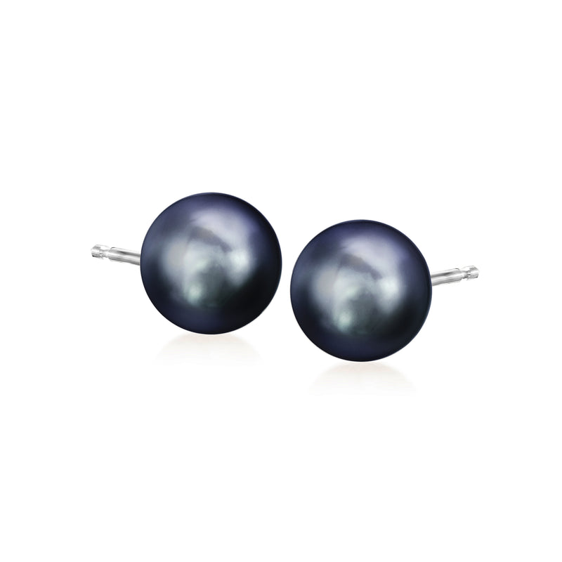 Black cultured pearl stud earrings, 8–9mm round pearls on white gold posts