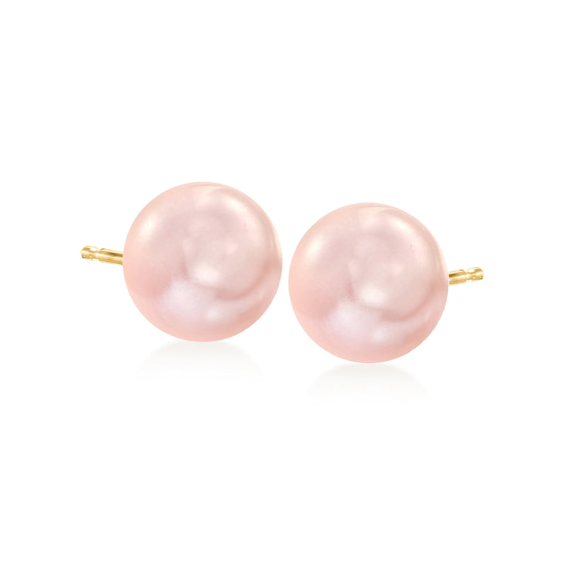 Pink cultured pearl stud earrings, 10–11mm, 14kt yellow gold posts