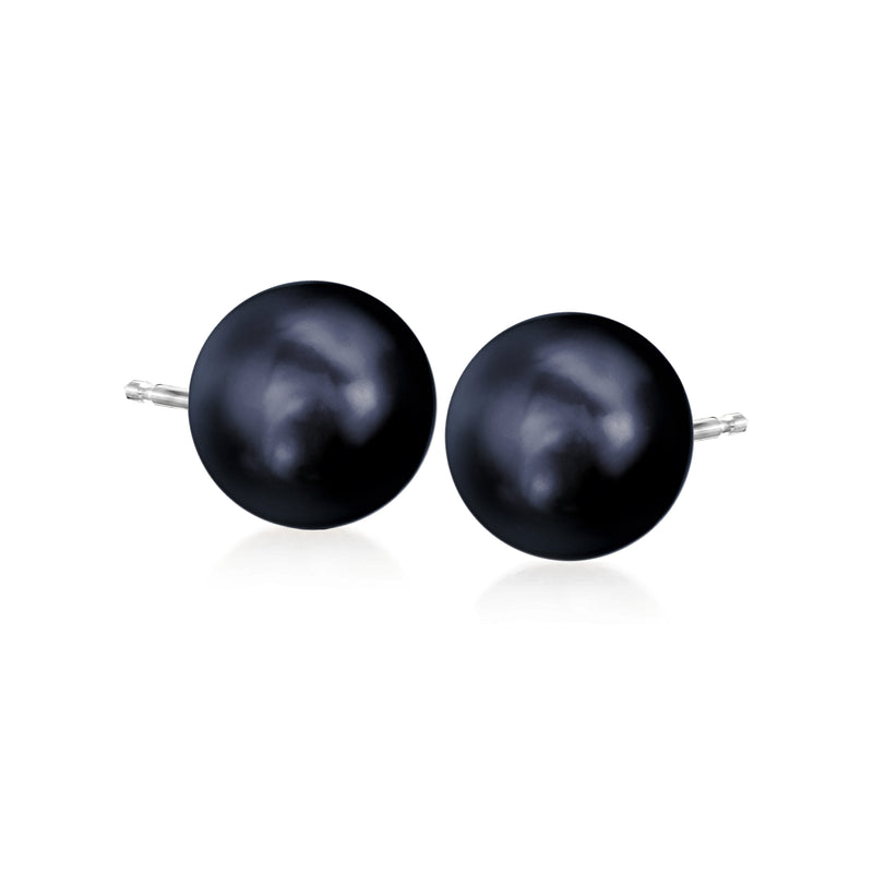 Black cultured pearl stud earrings with round pearls and metal posts, 10–11 mm