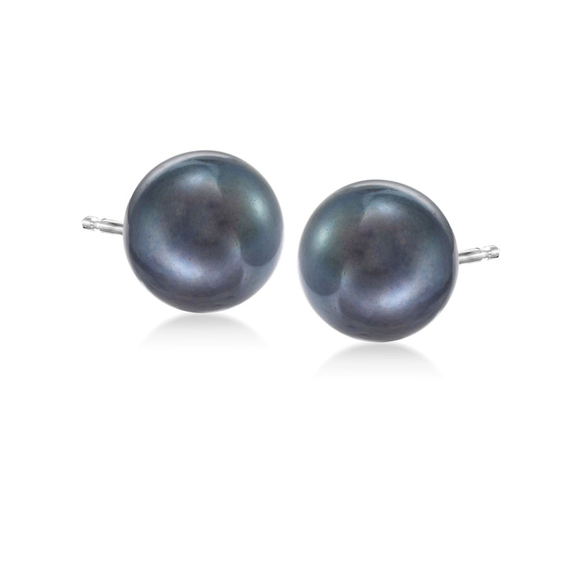 Black cultured pearl stud earrings with round pearls on 14kt white gold posts