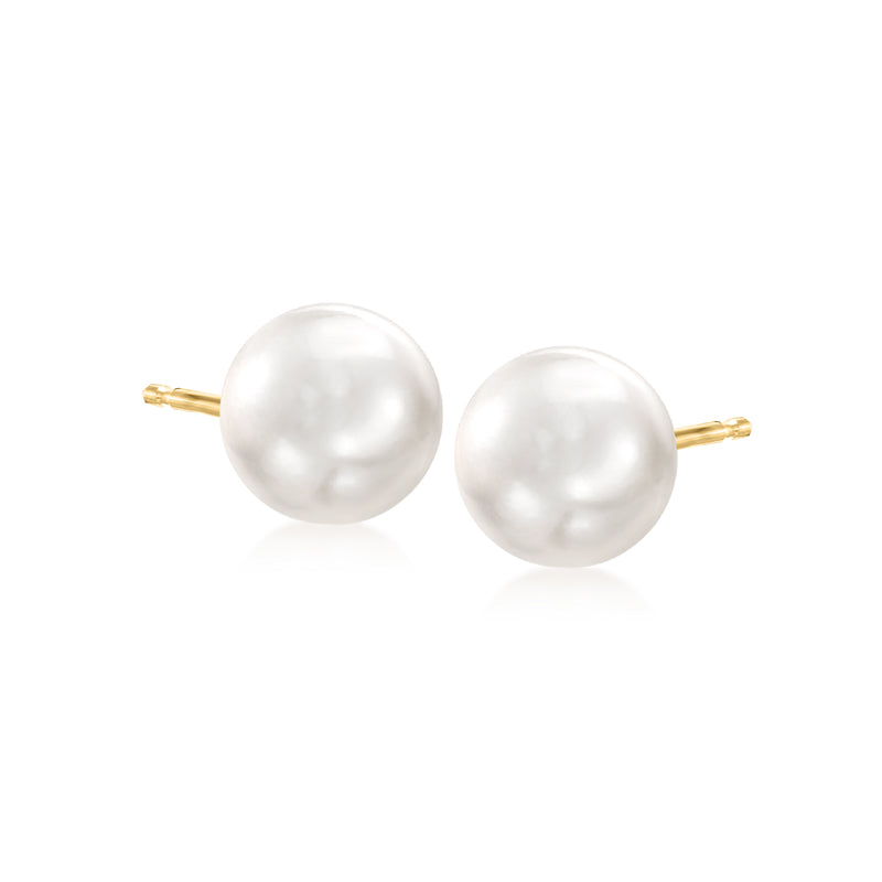 Cultured pearl stud earrings with 14kt yellow gold posts, 9–10mm round pearls