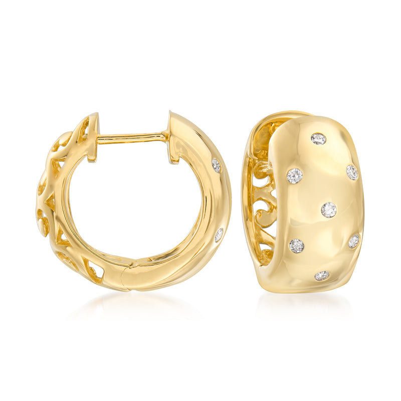 14kt gold huggie hoop earrings with bezel-set round diamonds, hinged back