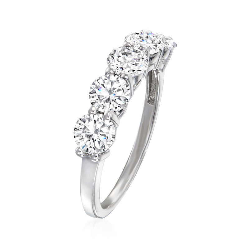 Sterling silver five-stone CZ ring, side view of three round clear stones and setting