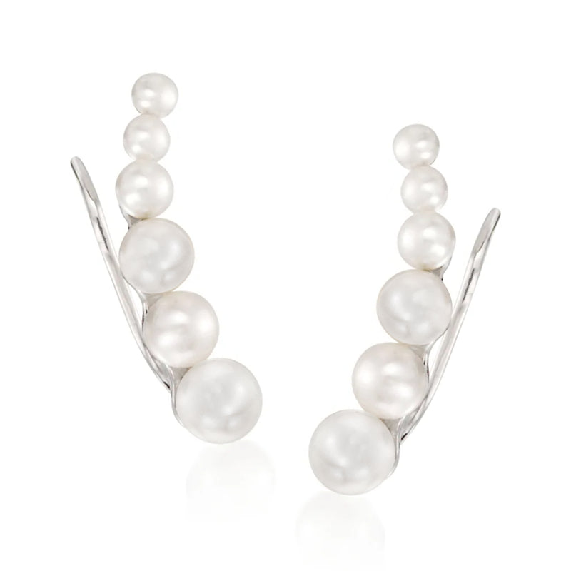 Sterling silver pearl ear climbers with white 3–6mm cultured pearls