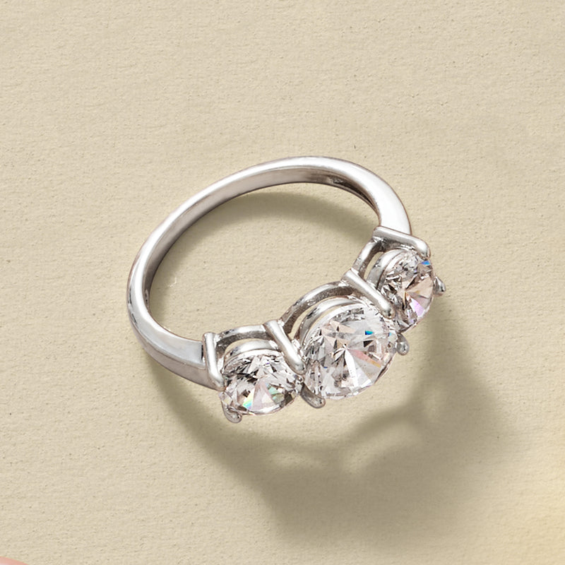 Three-stone CZ ring in sterling silver with three round-cut stones, top view