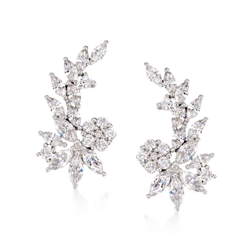 Sterling silver CZ floral ear crawlers with sparkling clustered marquise stones
