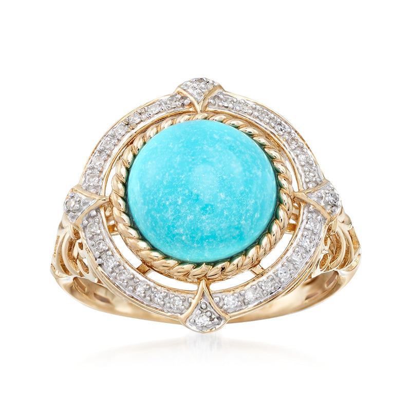 14kt yellow gold ring with round turquoise cabochon and diamond halo