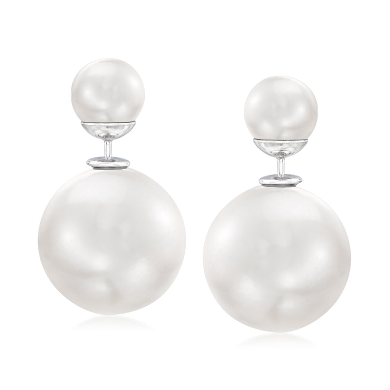 Sterling silver post earrings with white shell pearl front-and-back spheres