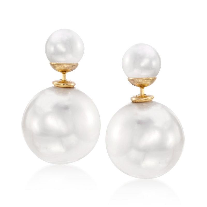 14kt gold over sterling post earrings with white shell pearl drops, front-back design