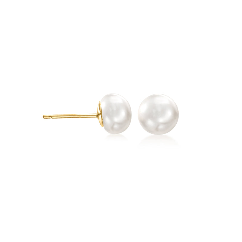 Cultured pearl stud earrings with 14kt yellow gold posts, round white button pearls