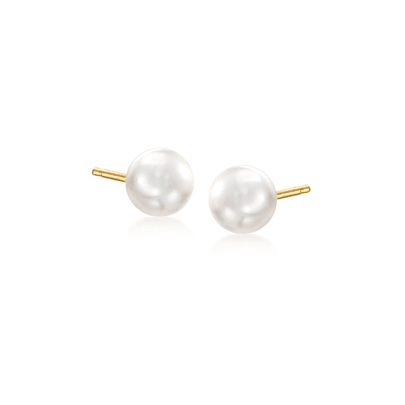 Round white button pearl stud earrings with yellow gold posts