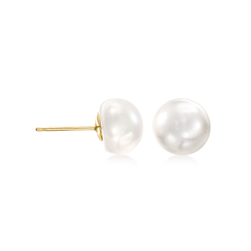 Cultured button pearl stud earrings, 14kt yellow gold posts, white pearls