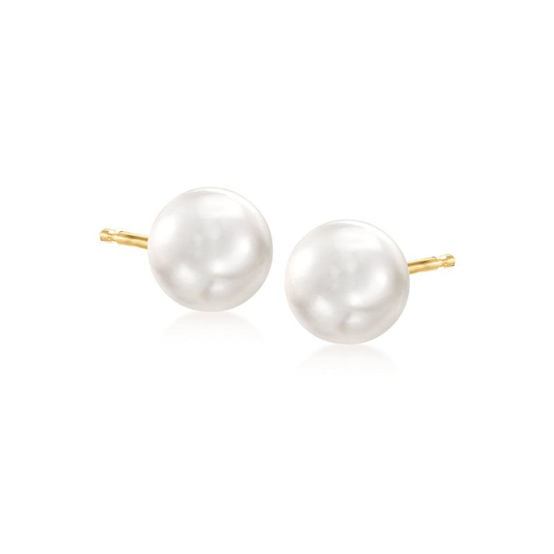 Cultured button pearl stud earrings with 14kt yellow gold posts, white pearls