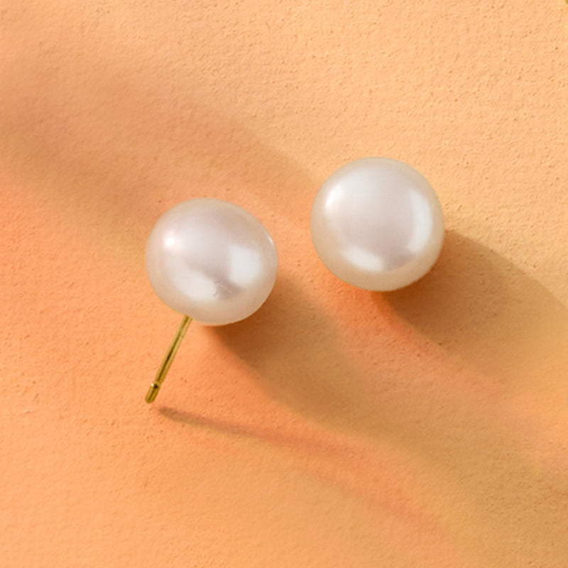 Cultured pearl stud earrings with 14kt yellow gold posts, round white pearls