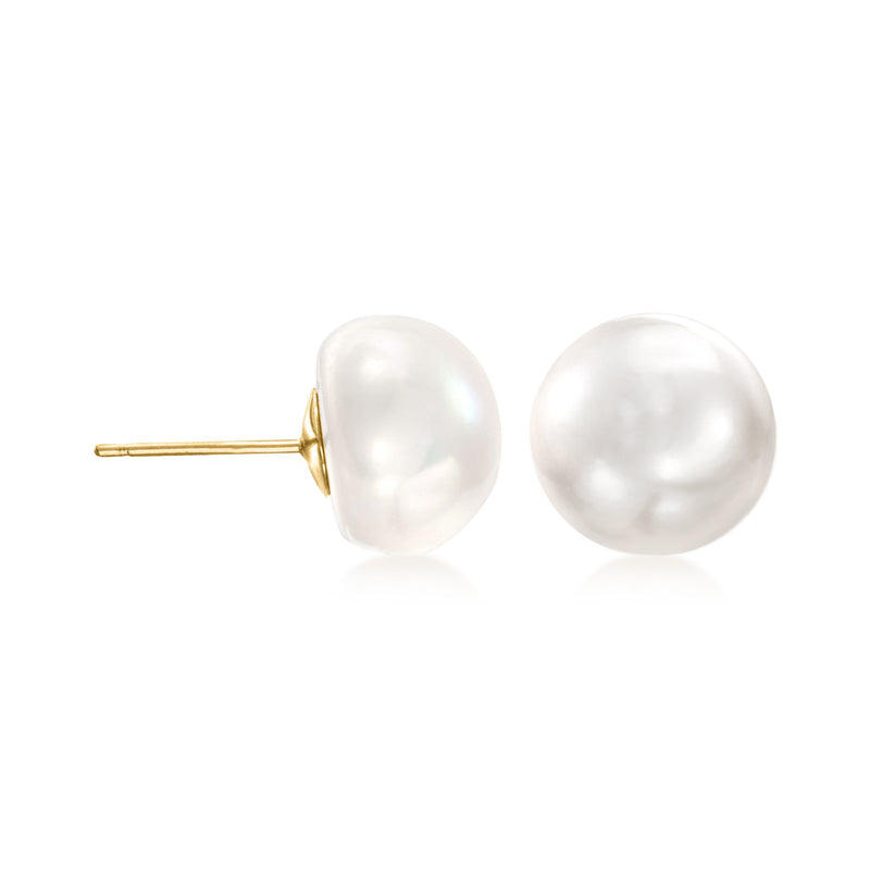 Pearl stud earrings with white cultured pearls and yellow gold posts