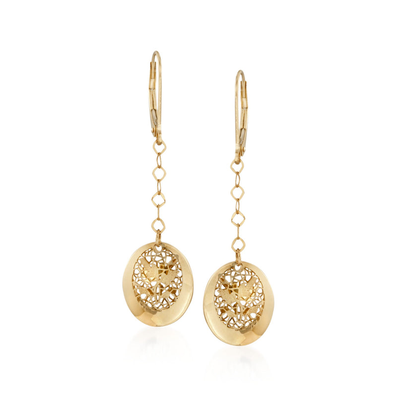 14kt yellow gold openwork lace drop earrings with leverback, round medallion dangles