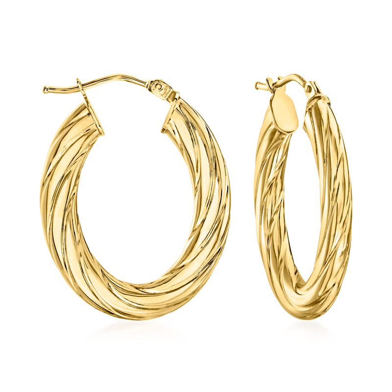 14kt yellow gold oval hoop earrings with twisted ridges and clasp backs