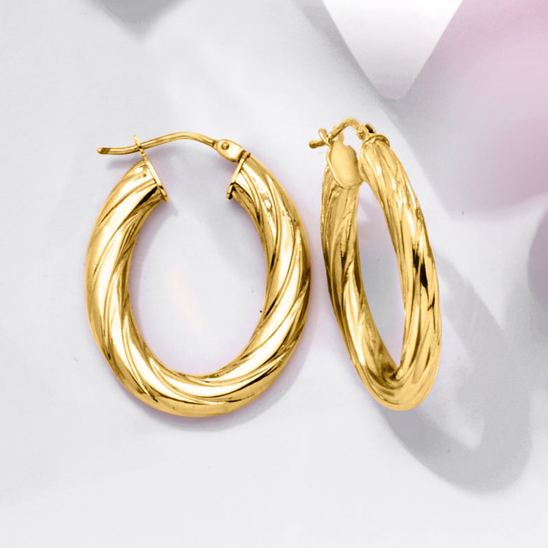 Yellow gold oval hoop earrings, polished double hoop with secure stud clasp