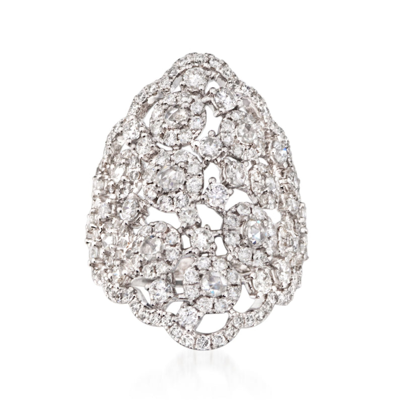 Diamond openwork ring, teardrop lattice of round stones in 18kt white gold
