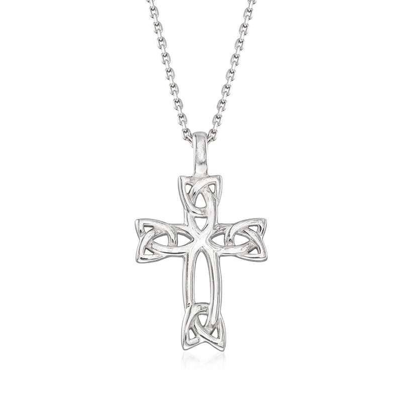 Sterling silver Celtic trinity knot cross pendant necklace with openwork detail